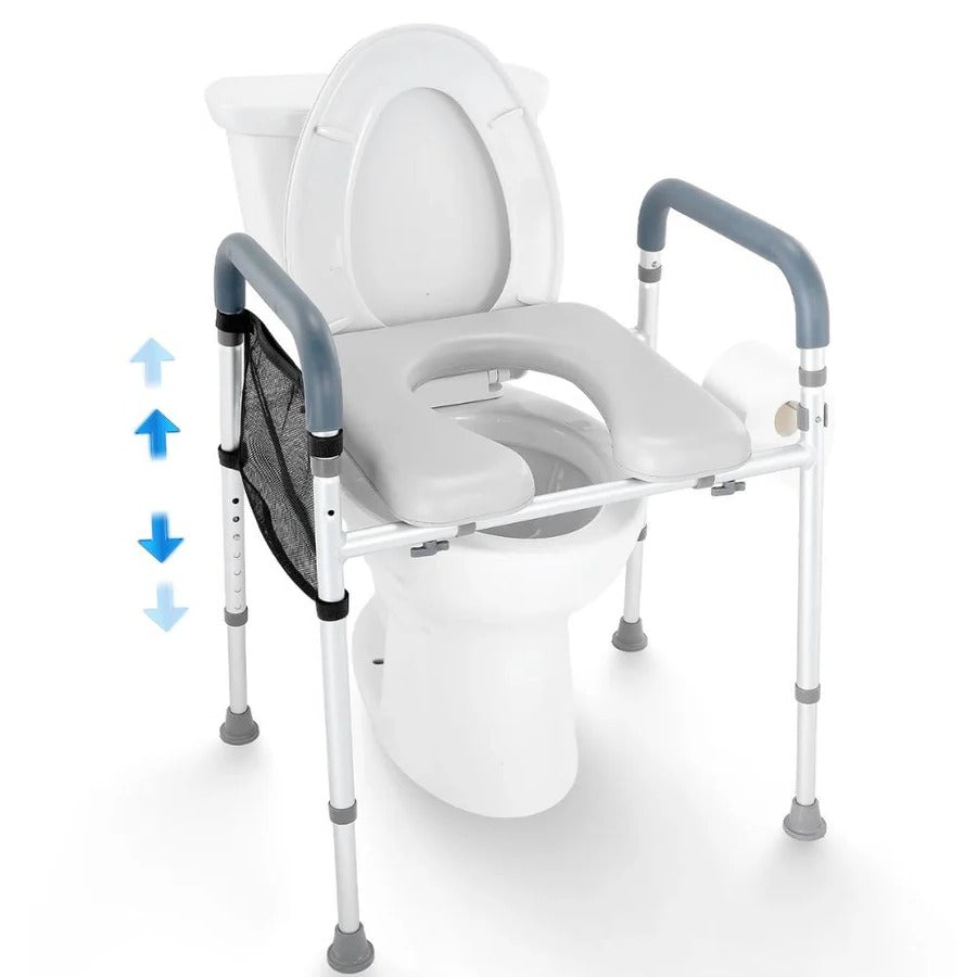 Adjustable Height Raised Toilet Seat Frame with Padded Armrests and Aluminum Body