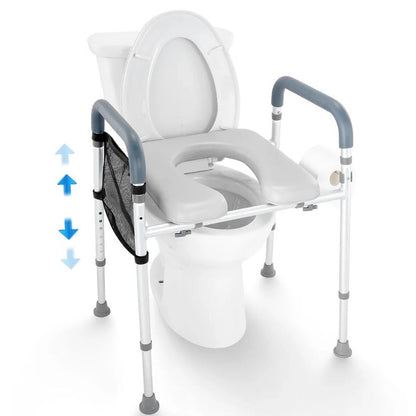 Adjustable Height Raised Toilet Seat Frame with Padded Armrests and Aluminum Body