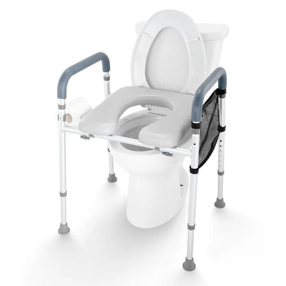 Adjustable Height Raised Toilet Seat Frame with Padded Armrests and Aluminum Body