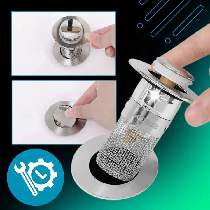 Pop Up Sink Stopper with Dual Layer Silicone Seal and Built-in Filter Basket