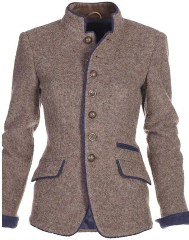 Two Tone Cropped Blazer with Stand Collar and Button Front
