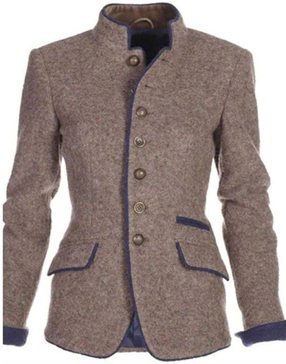 Two Tone Cropped Blazer with Stand Collar and Button Front