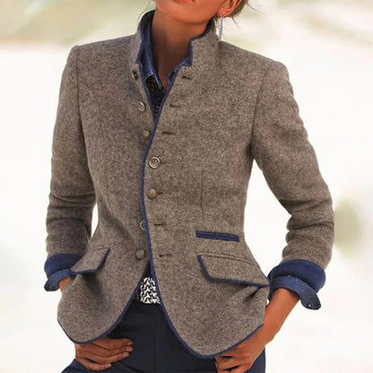 Two Tone Cropped Blazer with Stand Collar and Button Front