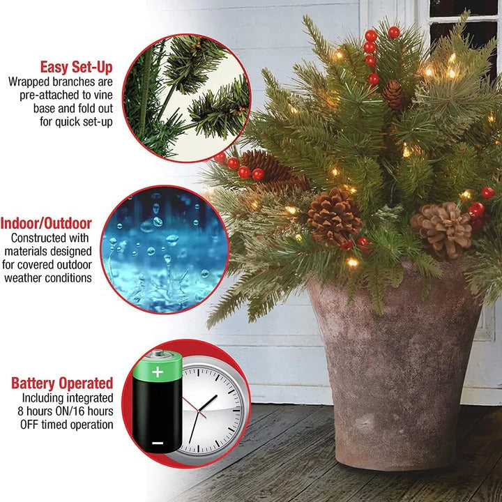 Pre-Lit Evergreen Urn Filler with 35 Warm White LED Lights and Automatic Timer