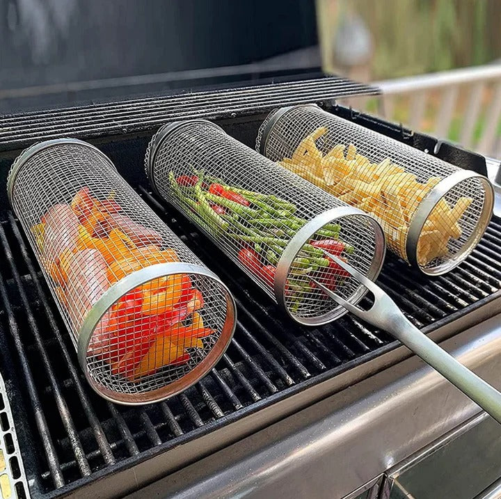 Rotating Grill Basket with 360 Degree Spin and Hinged Door for Even Cooking