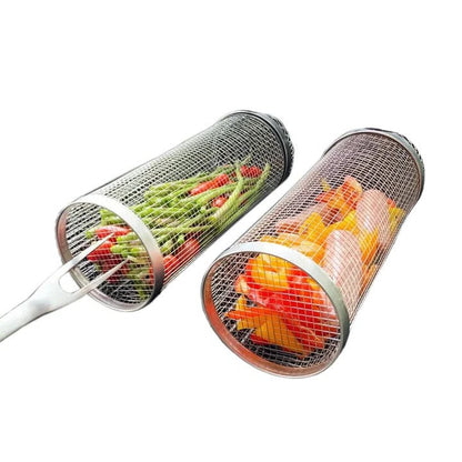 Rotating Grill Basket with 360 Degree Spin and Hinged Door for Even Cooking