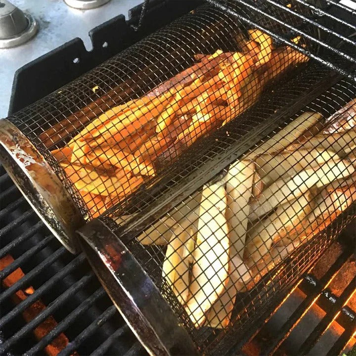 Rotating Grill Basket with 360 Degree Spin and Hinged Door for Even Cooking