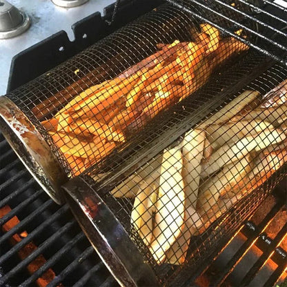 Rotating Grill Basket with 360 Degree Spin and Hinged Door for Even Cooking