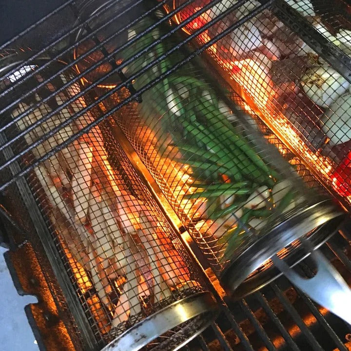 Rotating Grill Basket with 360 Degree Spin and Hinged Door for Even Cooking