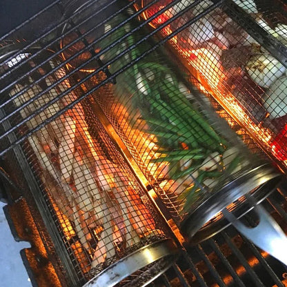 Rotating Grill Basket with 360 Degree Spin and Hinged Door for Even Cooking