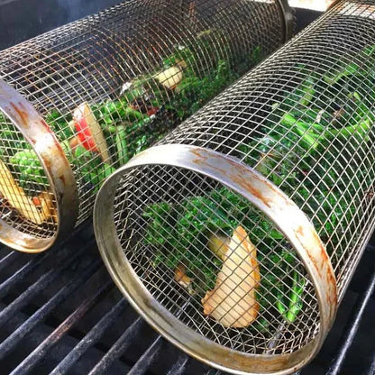 Rotating Grill Basket with 360 Degree Spin and Hinged Door for Even Cooking