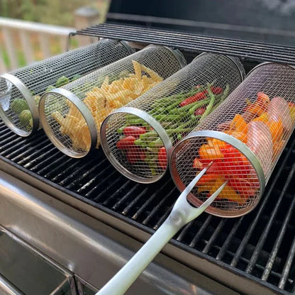 Rotating Grill Basket with 360 Degree Spin and Hinged Door for Even Cooking