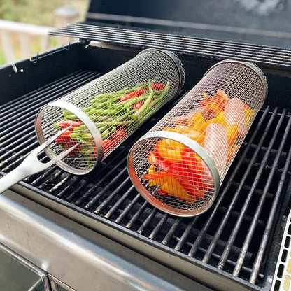 Rotating Grill Basket with 360 Degree Spin and Hinged Door for Even Cooking