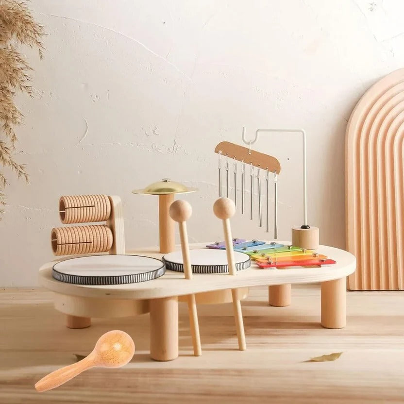 Wooden Musical Instrument Set with Eight-Note Xylophone and Shape Puzzle Base for Toddlers
