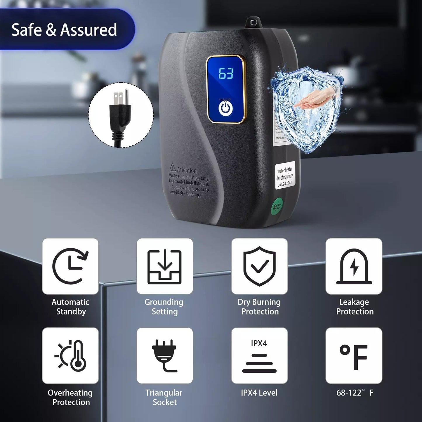 Tankless Electric Water Heater with LED Display and Automatic Flow Control