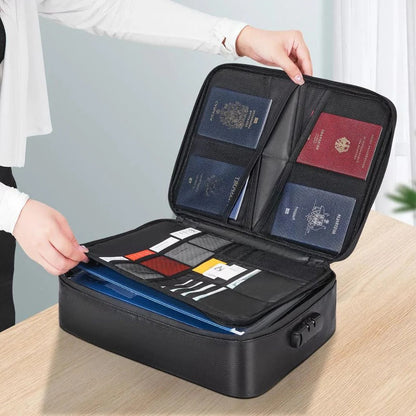 Fire and Water Resistant Document Storage Bag with Built-In Lock and Three Compartments
