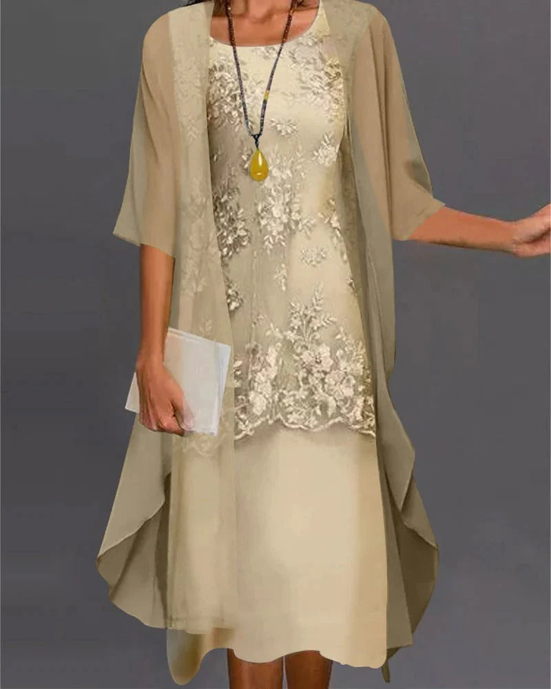 Layered Dress Set with Textured Inner Dress and Flowing Overlay for Formal Events