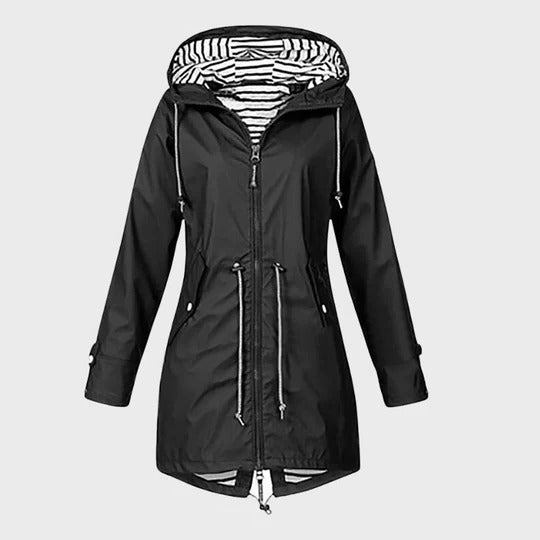 Extended Rain Jacket with Adjustable Hood and Side Pockets