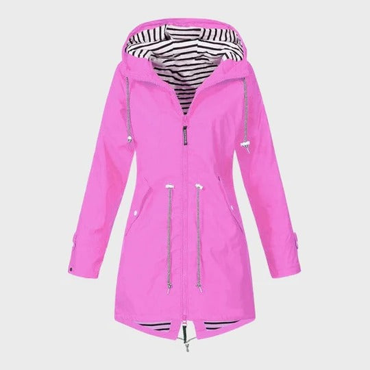 Extended Rain Jacket with Adjustable Hood and Side Pockets