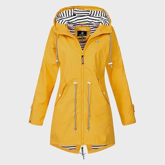 Extended Rain Jacket with Adjustable Hood and Side Pockets