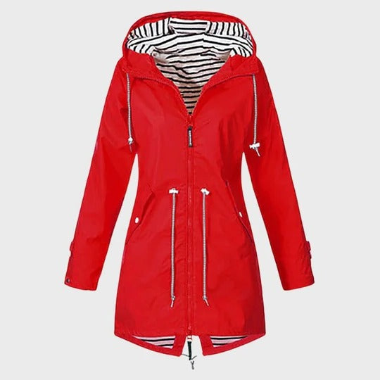 Extended Rain Jacket with Adjustable Hood and Side Pockets