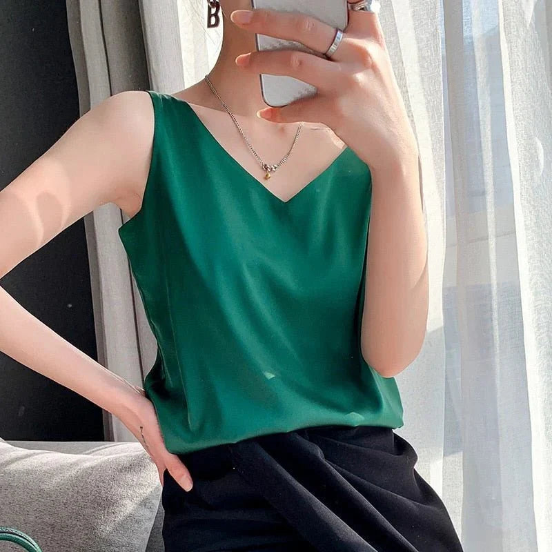 Women's Silk Like Tank Top with Breathable Fabric and Shape Retention