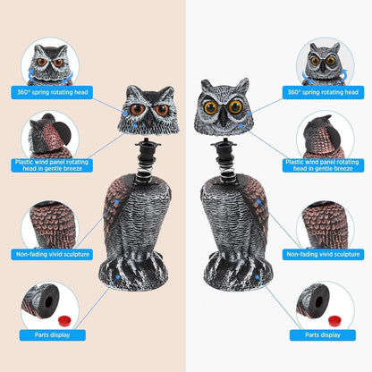 Owl Decoy Set of 2 with 360 Degree Rotating Head and Fillable Base for Garden and Patio