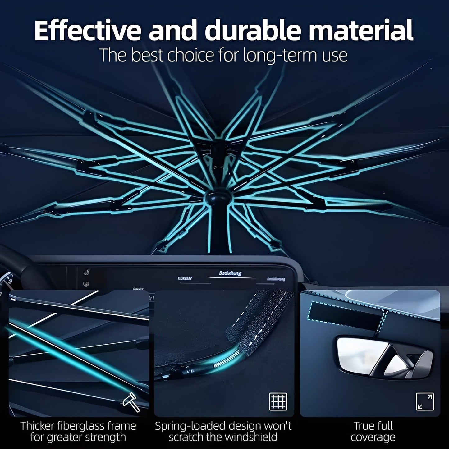Foldable Windshield Sun Shade with Reflective Coated Fabric and Metal Frame, UV Protection