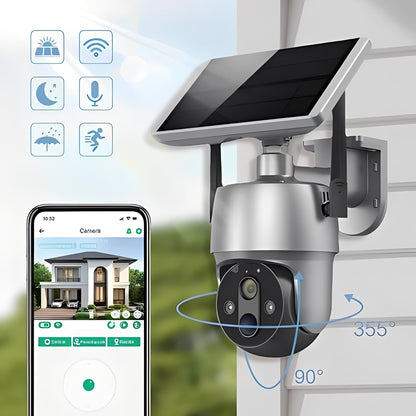 Solar Powered Wireless Security Camera with 355 Degree Rotation and Color Night Vision for Outdoor Use