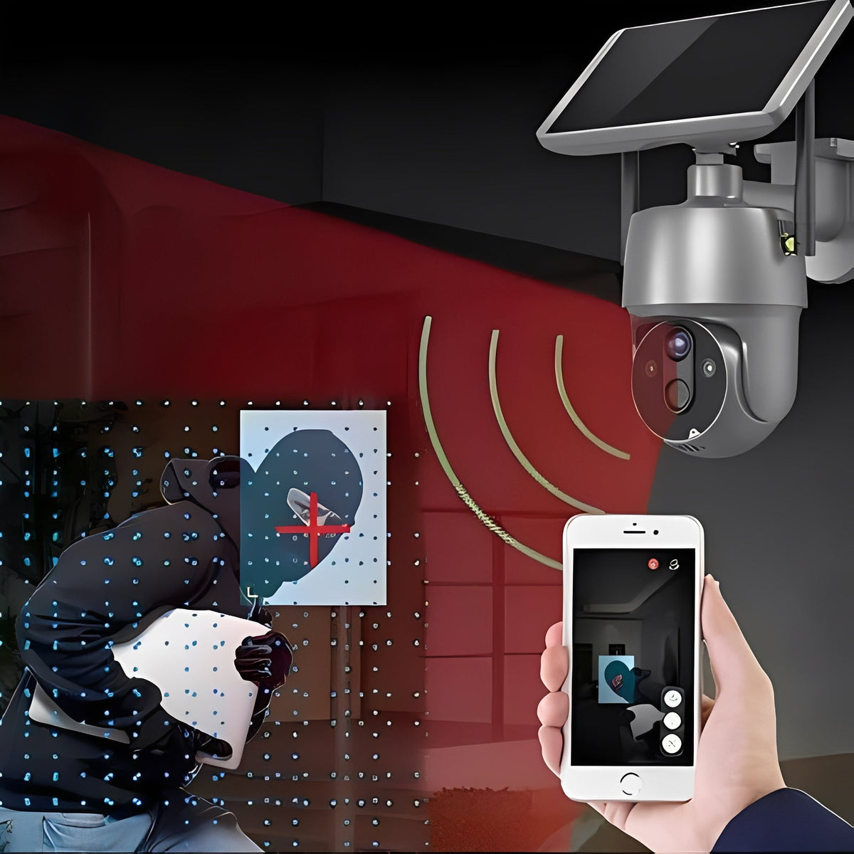 Solar Powered Wireless Security Camera with 355 Degree Rotation and Color Night Vision for Outdoor Use