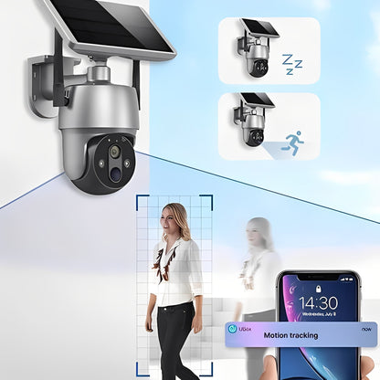 Solar Powered Wireless Security Camera with 355 Degree Rotation and Color Night Vision for Outdoor Use
