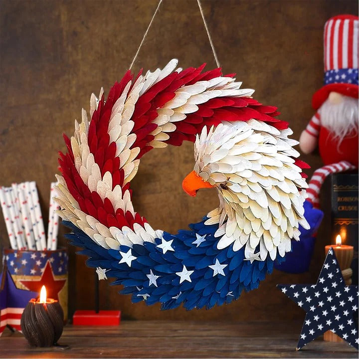 Wooden Patriotic Door Sign with Eagle and Star Design, 12 Inch Round