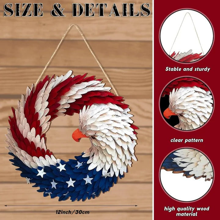 Wooden Patriotic Door Sign with Eagle and Star Design, 12 Inch Round