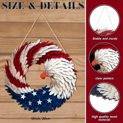 Wooden Patriotic Door Sign with Eagle and Star Design, 12 Inch Round