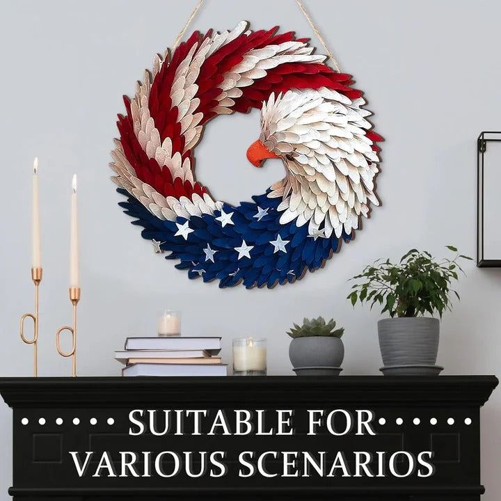 Wooden Patriotic Door Sign with Eagle and Star Design, 12 Inch Round