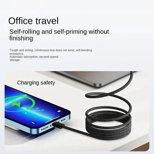 Self-Coiling Charging Cable with Interchangeable Tips and Braided Construction, 3.3ft