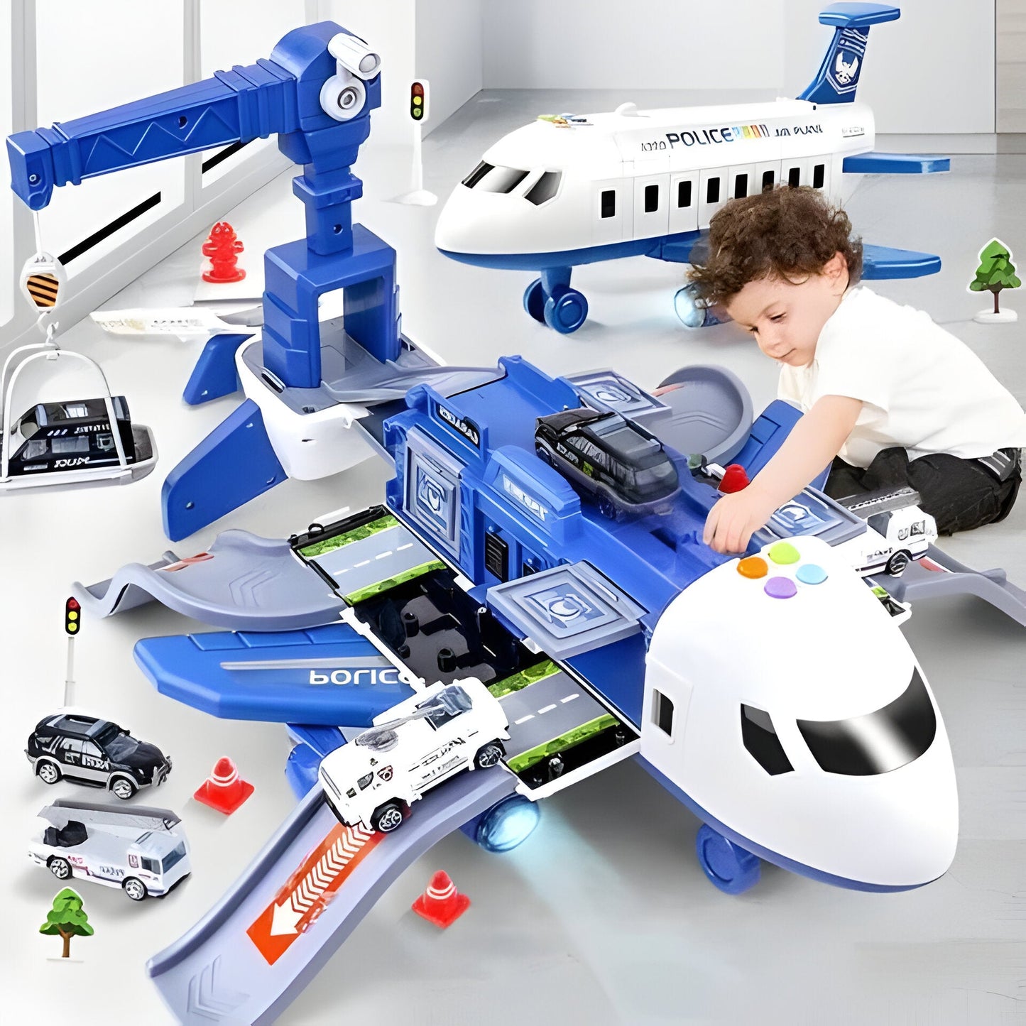 Large Airplane Play Set with Interactive Lights and Sounds, 20-Piece Emergency Vehicle Set