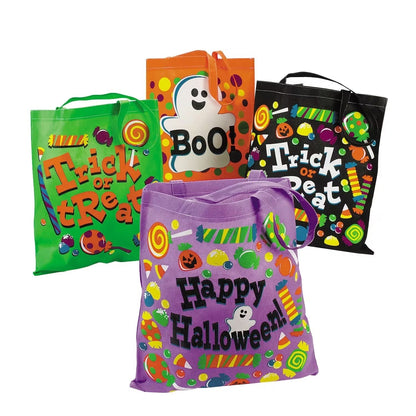 Halloween Candy Tote Bags Set of 12 with Neon Colors and Printed Graphics, 15in Wide