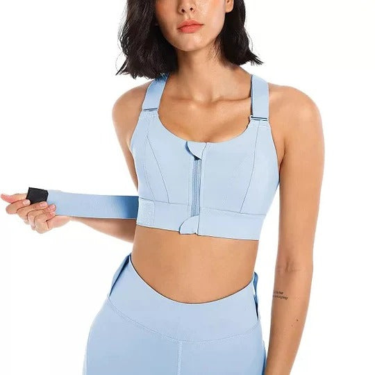Women's High Support Sports Bra with Front Zipper and Adjustable Straps
