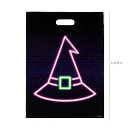 Halloween Goody Bags with Neon Designs and Cutout Handles, 100 Pack