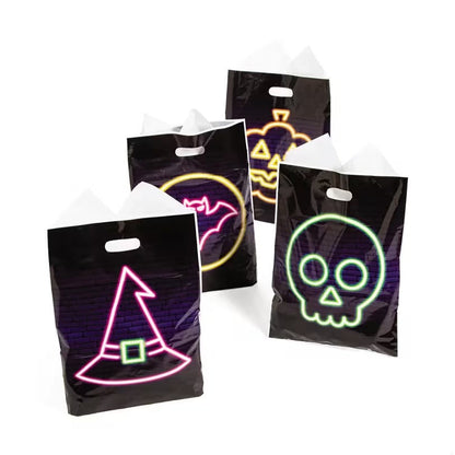 Halloween Goody Bags with Neon Designs and Cutout Handles, 100 Pack