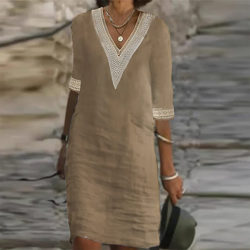 Women's Linen Midi Dress with Relaxed Fit and Short Sleeves