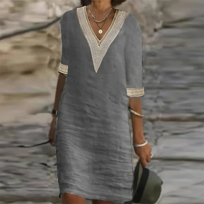 Women's Linen Midi Dress with Relaxed Fit and Short Sleeves