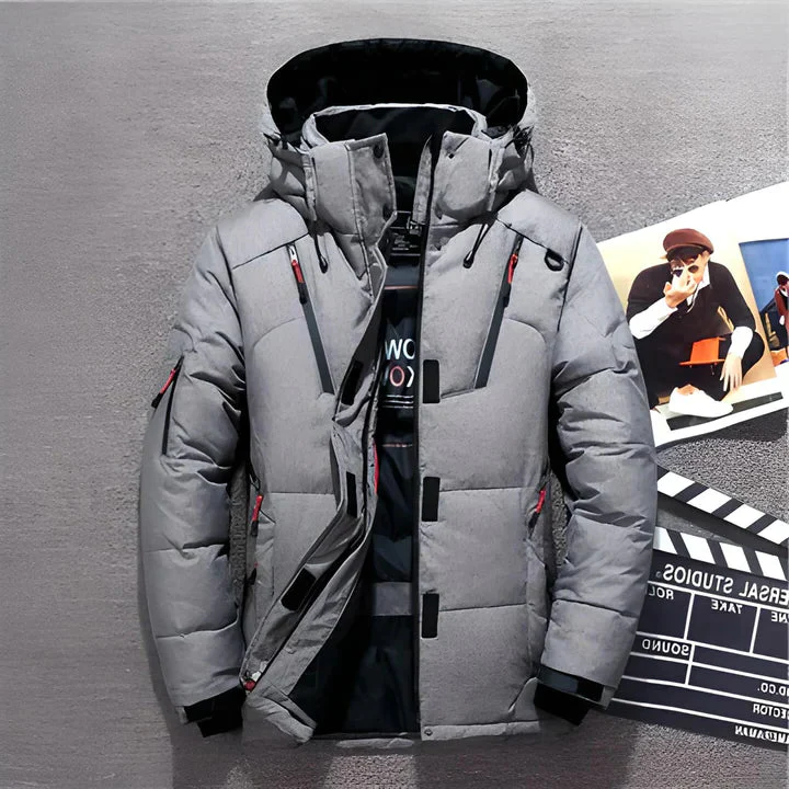 Synthetic Insulated Jacket with Adjustable Hood and Multiple Zippered Pockets, Water-Repellent