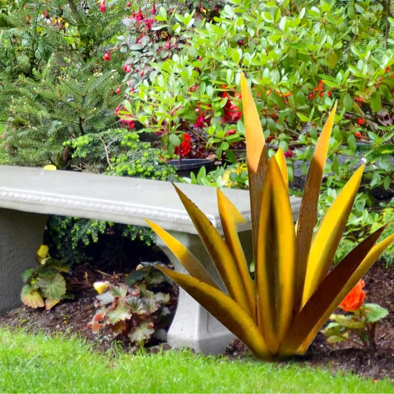 Metal Agave Plant Sculpture with Rust Finish and Metallic Highlights for Outdoor Decor