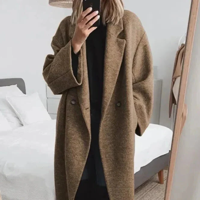Women's Oversized Coat with Lapel Collar and Stretch Fabric, Crease Resistant