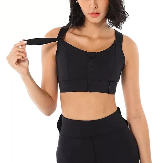 Women's Sports Bra with Front Zipper Closure and Wide Straps, Moisture Wicking