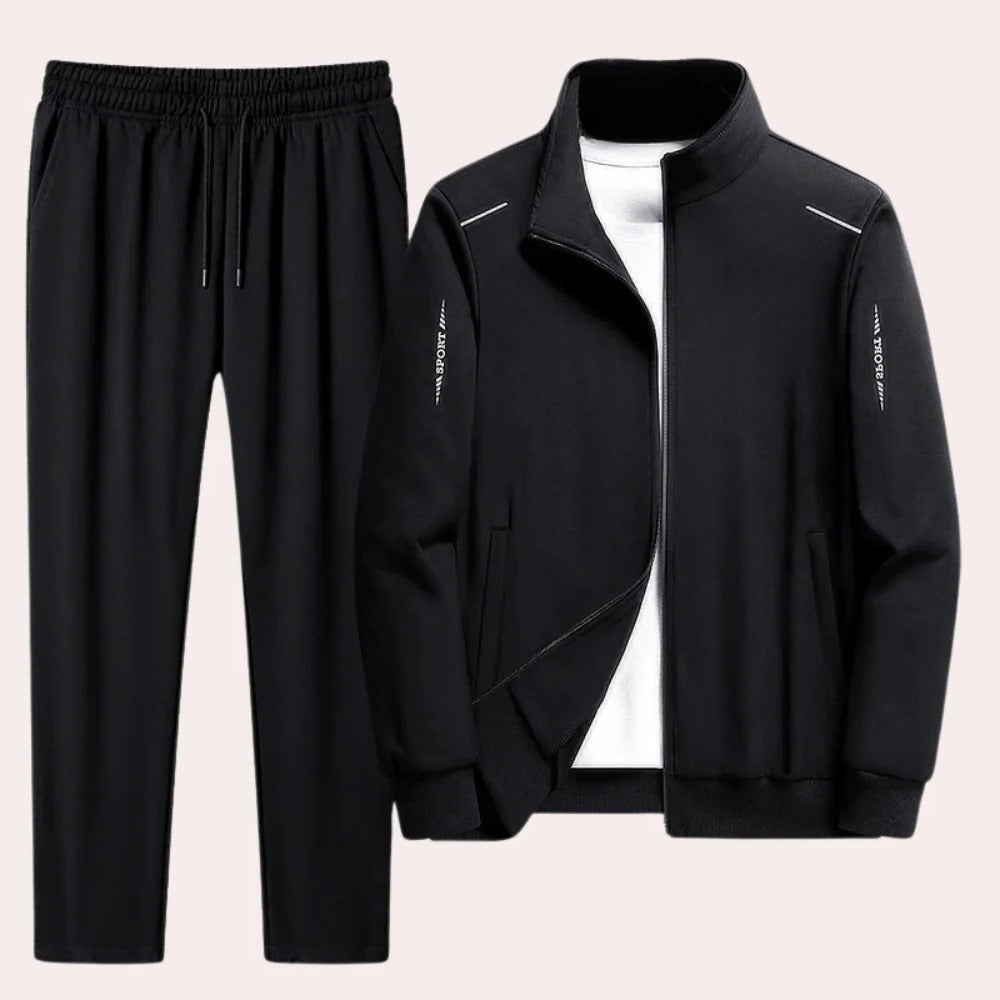 Men's Tracksuit with Full Zip Jacket and Elastic Cuffs, Black Polyester