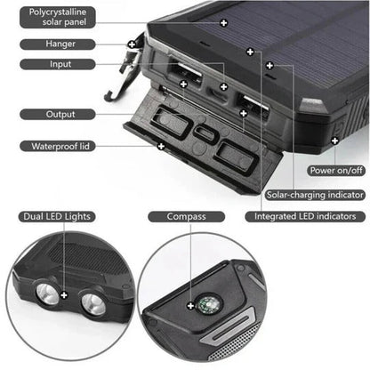 Solar Power Bank 500000 mAh with Dual USB Ports and LED Lights, IP44 Water Resistant