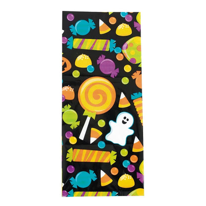 Ghost and Candy Print Cellophane Treat Bags with Closeable Top, 12-Pack for Party Favors